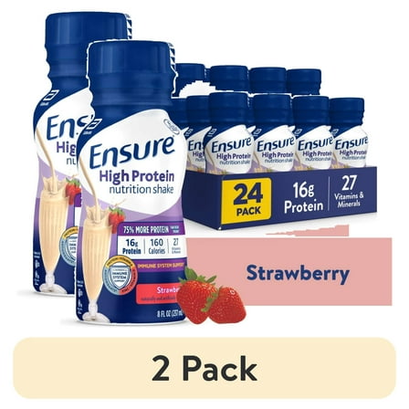 (2 pack) Ensure High Protein Nutrition Shake, Strawberry, 8 fl oz, 24 Count