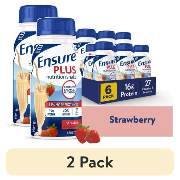 (2 pack) Ensure Plus Meal Replacement Nutrition Shake, Strawberry, 16g Protein, 8 fl oz - 6 Pack
