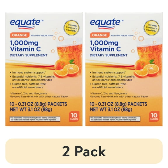 (2 pack) Equate 1000 mg Vitamin C Dietary Supplement Powder Packets, Orange Flavor, 10 Count, Compare to Emergen-C Ingredients