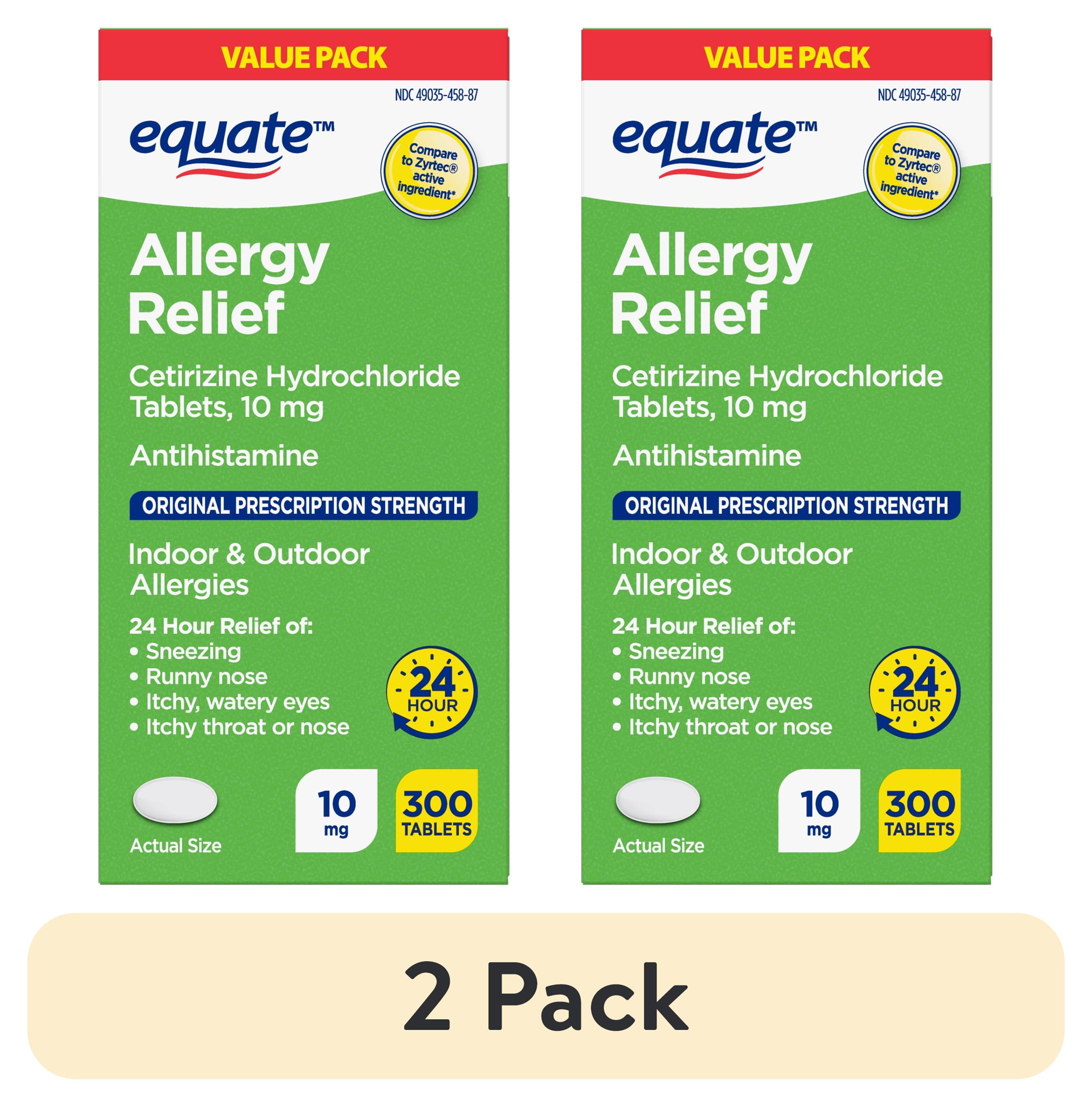 (2 pack) Equate 24 Hour Cetirizine Hydrochloride Allergy Relief Tablets, 10 mg, 300 Count