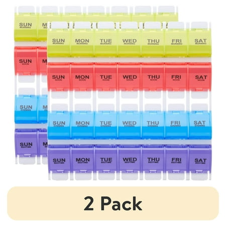 (2 pack) Equate 4-A-Day Weekly Large Pill Planner, Easy Open Pill Organizer