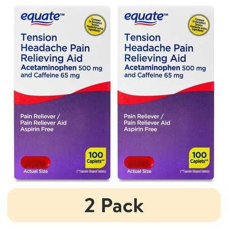 (2 pack) Equate Tension Headache Pain Relieving Aid Acetaminophen and Caffeine Caplets, 100 Count, Compare to Excedrin® Tension Headache Active Ingredients