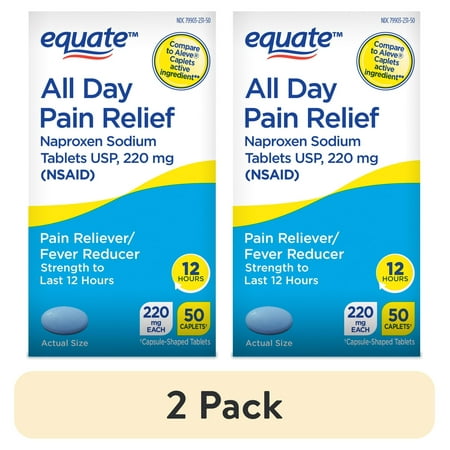 (2 pack) Equate All Day Pain Relief Naproxen Sodium Caplets, 220 mg, 50 Count, Compare to Aleve® Caplets Active Ingredient