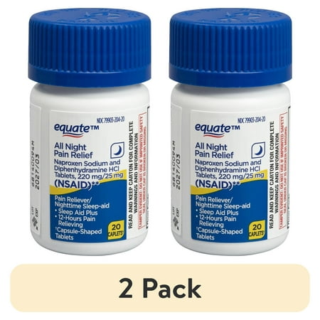 (2 pack) Equate Naproxen Sodium and Diphenhydramine HCl Nighttime Pain Relief Caplets, 220 mg / 25 mg, 20 Count