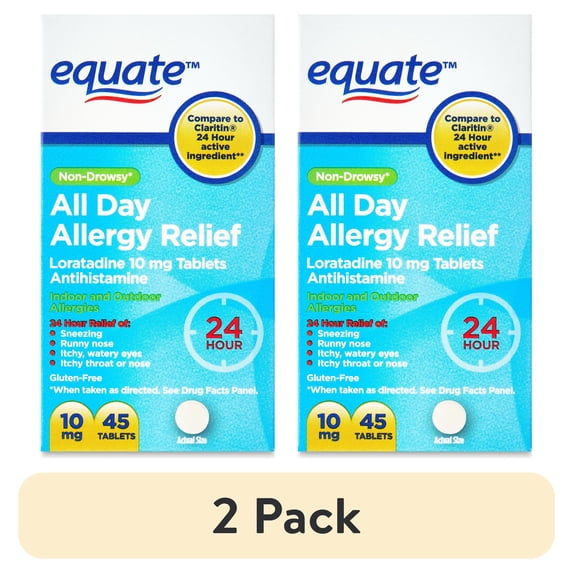 (2 pack) Equate Gluten-Free Loratadine, USP Allergy Medicine Tablets for Allergy 45 Tablets, Compare to Claritin®, 10 mg
