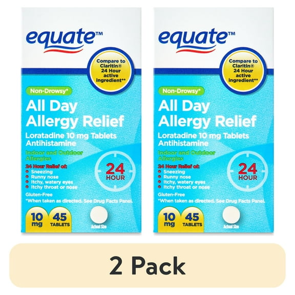 (2 pack) Equate Non-Drowsy All Day Allergy Relief Loratadine 10 mg Tablets Antihistamine, 45 Count, Compare to Claritin® 24 Hour Active Ingredient