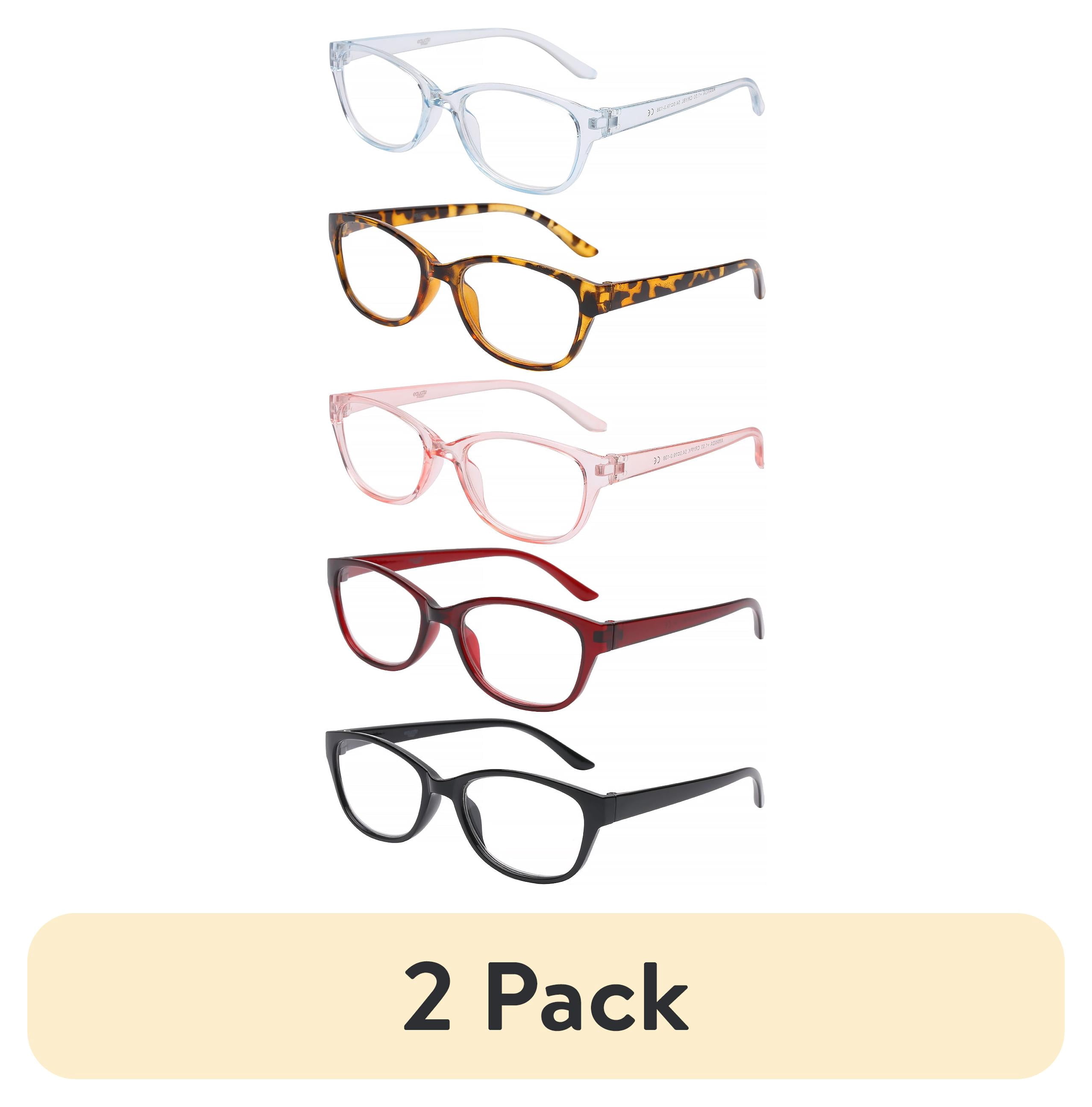 (2 pack) Equate Amanda 5-Pack Womens Plastic Reading Glasses with Case, Tortoise/Blue Crystal/Red Crystal/Black/Pink Crystal, +2.00