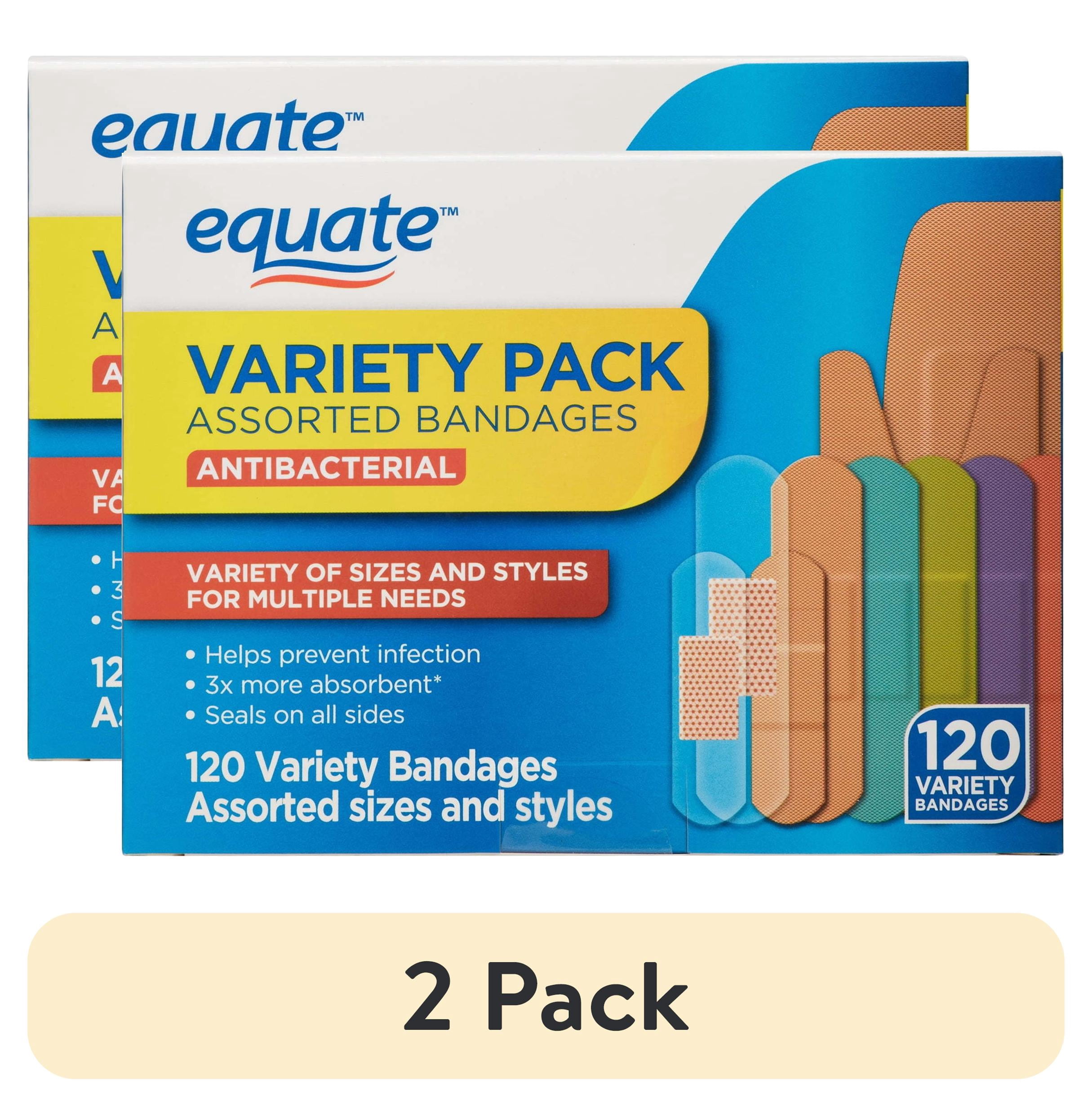 (2 pack) Equate Antibacterial Assorted Bandages Variety Pack, 120 Count