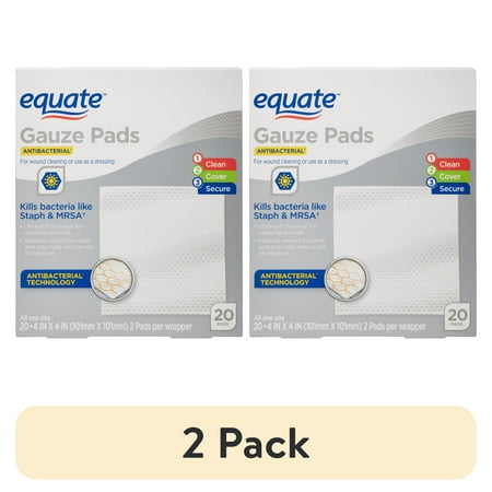 (2 pack) Equate Antibacterial Gauze Pads, 4 in x 4 in, 20 Count