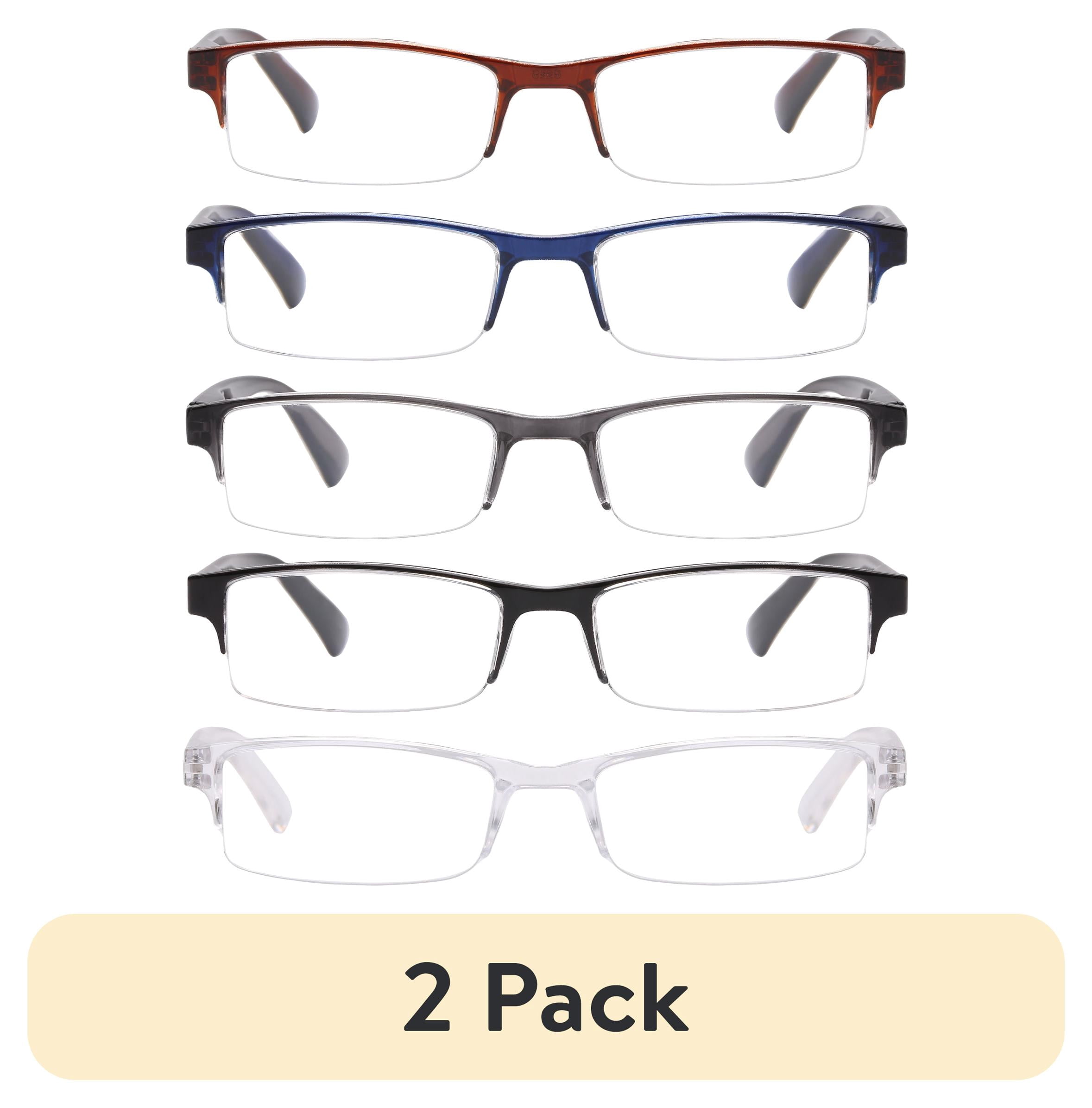 (2 pack) Equate Cameron 5-Pack Unisex Spring Hinge Plastic Reading Glasses with Case, Black/Crystal/Navy Blue/Brown/Grey, +1.75