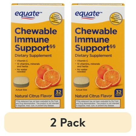 (2 pack) Equate Vitamin C Immune Support Dietary Supplement Chewable Tablets, Citrus Flavor, 32 Count, Compare to Airborne® Original Chewble Tablets Supplements