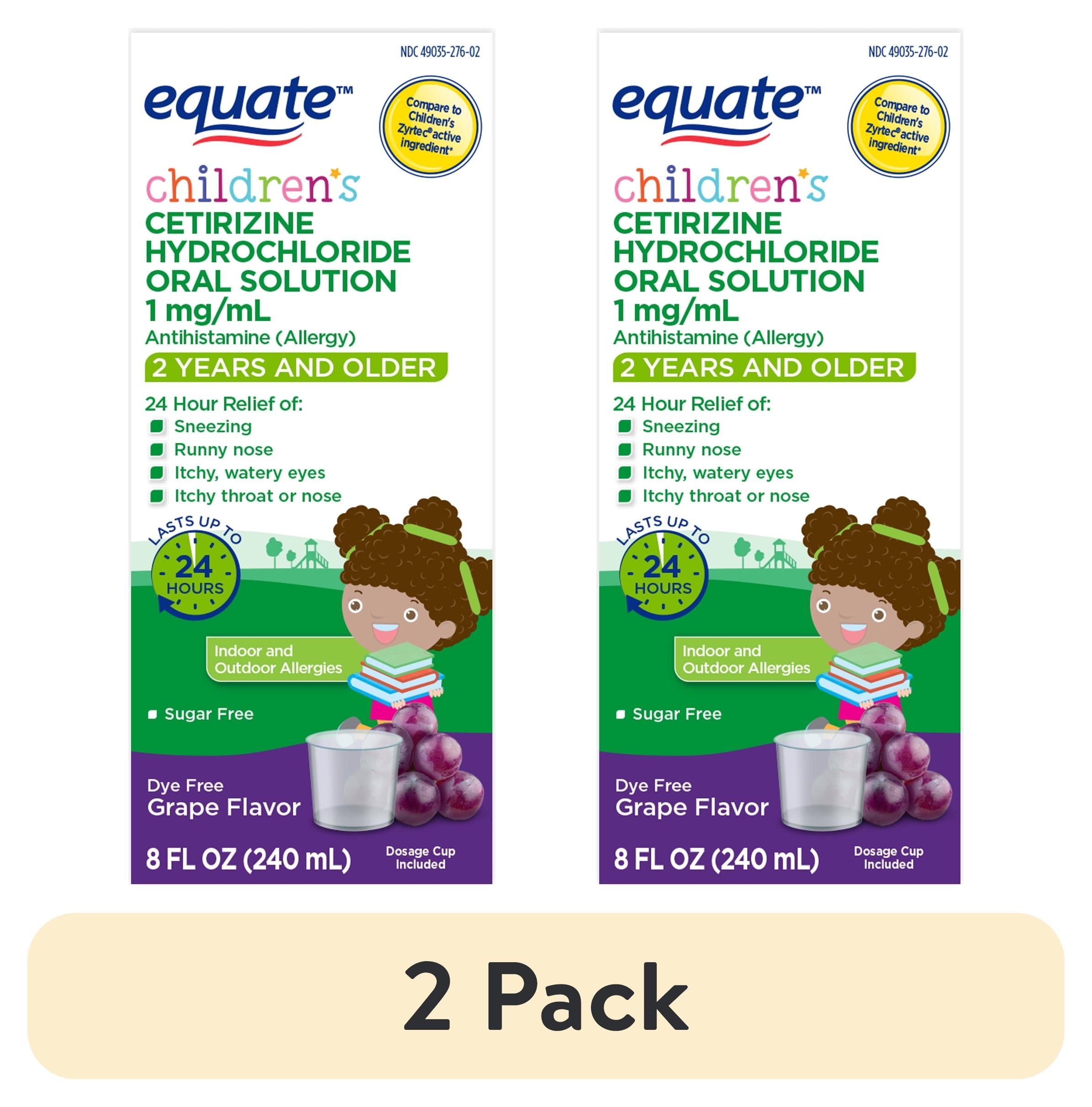 (2 pack) Equate Children's 24-Hour Dye-Free Cetirizine Hydrochloride Allergy Relief Oral Solution, 1 mg, Grape Flavor, Ages 2 Years and Older, 8 fl oz, Compare to Children's Zyrtec Active Ingredient