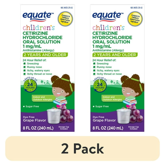 (2 pack) Equate Children's 24-Hour Dye-Free Cetirizine Hydrochloride Allergy Relief Oral Solution, 1 mg, Grape Flavor, Ages 2 Years and Older, 8 fl oz, Compare to Children's Zyrtec® Active Ingredient