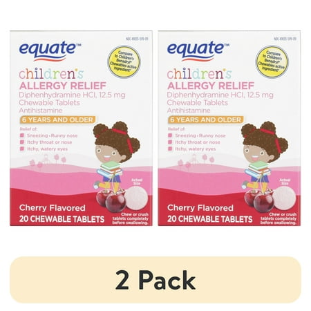 (2 pack) Equate Children's Diphenhydramine Allergy Relief Chewable Tablets, 12.5 mg, Cherry Flavor, Ages 6 Years and Older, 20 Count, Compare to Children's Benadryl® Chewables Active Ingredient