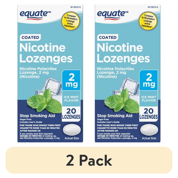 (2 pack) Equate Coated Nicotine Polacrilex Lozenges, Stop Smoking Aid, 2 mg, Ice Mint, 20 Count