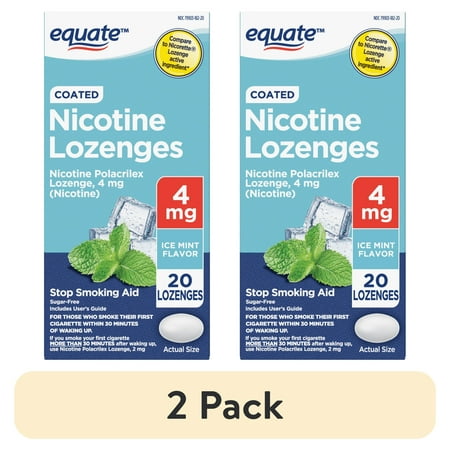 (2 pack) Equate Coated Nicotine Polacrilex Lozenges 4 mg, Ice Mint, 20 Count Stop Smoking Aid
