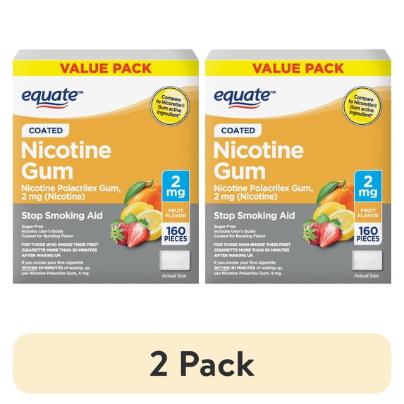 (2 pack) Equate Nicotine Gum 2 mg, Stop Smoking Aid, Fruit Flavor, 160 Count