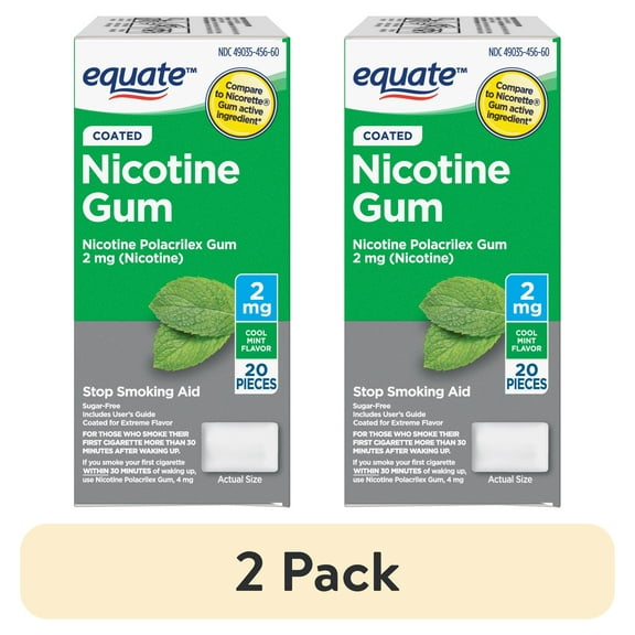 (2 pack) Equate Coated Nicotine Polacrilex Gum, Stop Smoking Aid, 2 mg, Mint, 20 Count