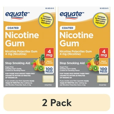 (2 pack) Equate Coated Nicotine Polacrilex Gum, 4 mg, Fruit Flavor, Stop Smoking Aid, 100 Count, Compare to Nicorette® Gum Active Ingredient