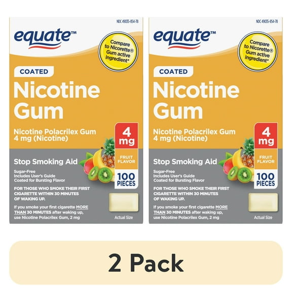 (2 pack) Equate Coated Nicotine Polacrilex Gum 4 mg (nicotine), Fruit Flavor, 100 Count
