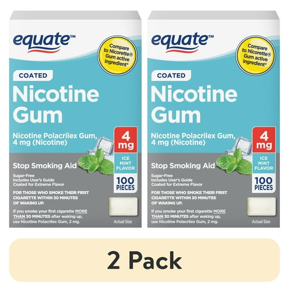 (2 pack) Equate Nicotine Gum 4 mg, Stop Smoking Aid, Ice Mint Flavor, Coated, 100 Count