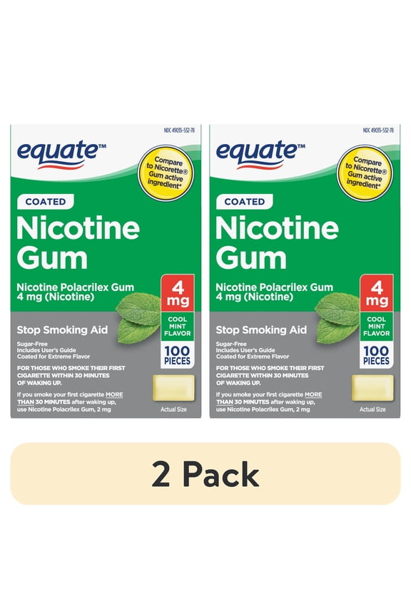 (2 pack) Equate Coated Nicotine Polacrilex Gum 4 mg, Mint Flavor, 100 Count, Compare to Nicorette® Gum Active Ingredient