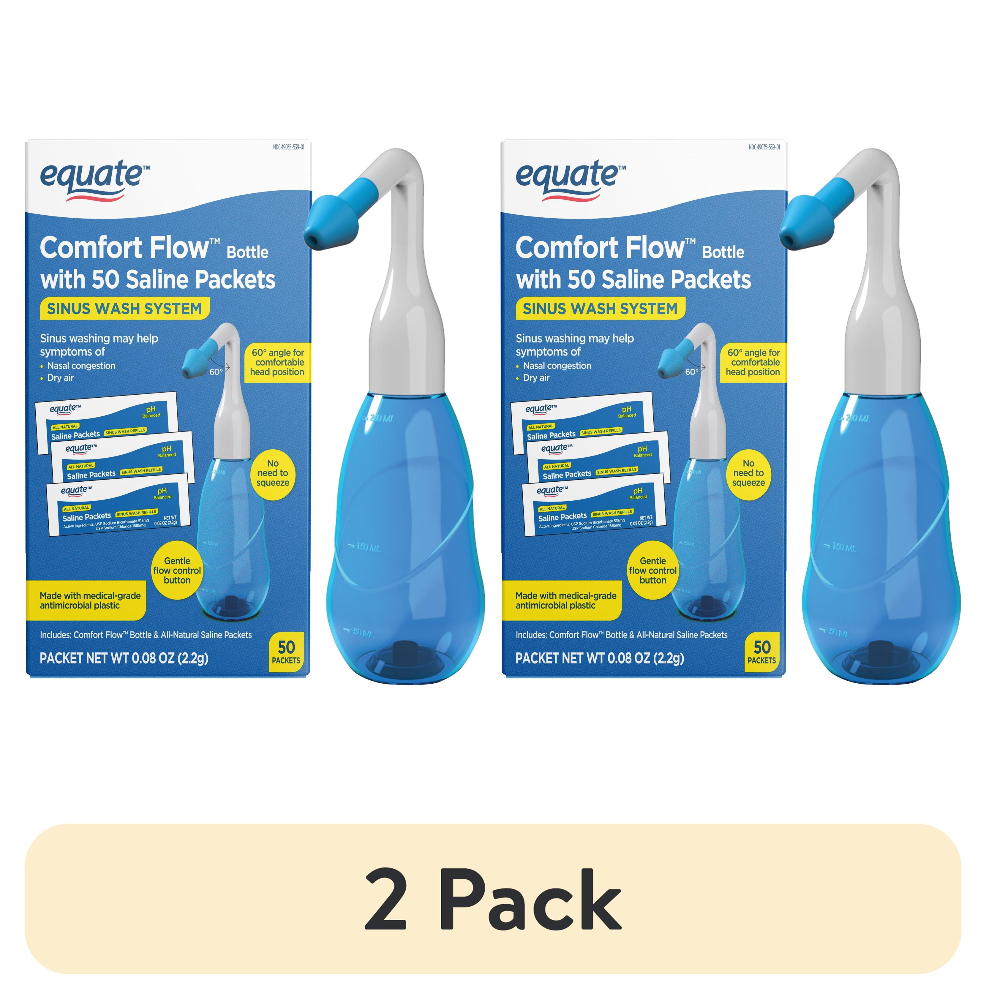 (2 pack) Equate Comfort Flow Bottle Nasal Wash System for Nasal Congestion, 50 Saline Packets, Blue