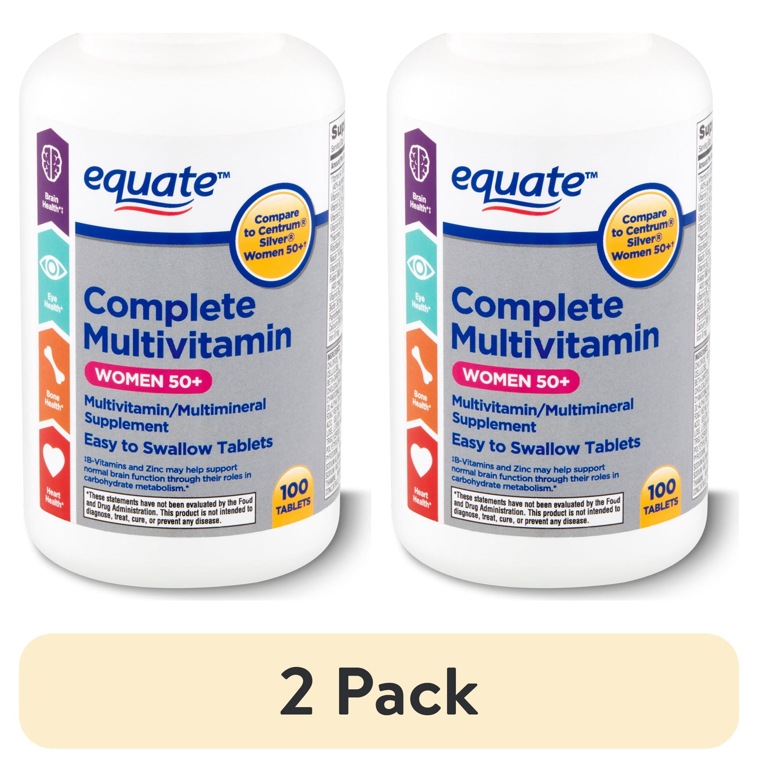 (2 pack) Equate Complete Multivitamin/Multimineral Supplement Tablets, Women 50+, 100 Count, Compare to Centrum® Silver® Women 50+