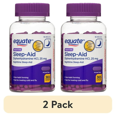 (2 pack) Equate Nighttime Sleep-Aid Diphenhydramine HCl 25mg Caplets for Nighttime Sleep Support, 365 Count, Compare to VICKS® ZzzQuil ® Active Ingredient