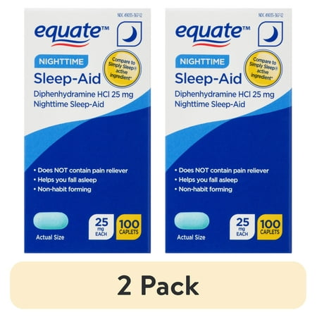 (2 pack) Equate Nighttime Sleep-Aid Diphenhydramine HCl 25 mg Caplets, 100 Count, Compare to Simply Sleep® Active Ingredient