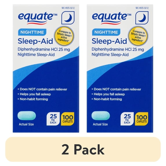 (2 pack) Equate Nighttime Sleep-Aid Diphenhydramine HCl 25 mg Caplets, 100 Count, Compare to Simply Sleep® Active Ingredient