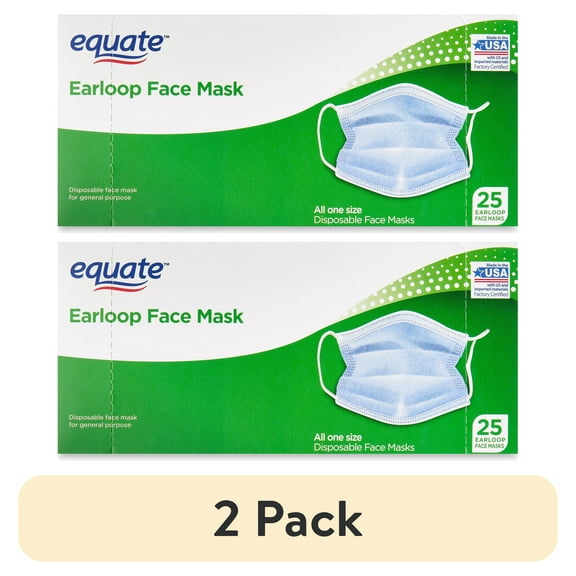 (2 pack) Equate Earloop Disposable Face Masks, Blue, 25 Count