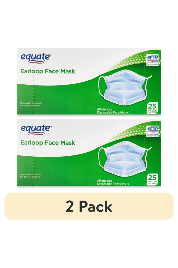 (2 pack) Equate Earloop Disposable Face Masks, Blue, 25 Count