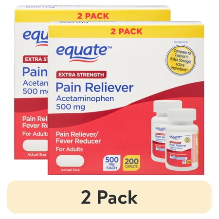 (2 pack) Equate Extra Strength Pain Reliever Acetaminophen Caplets, 500mg, Pain Reliever/Fever Reducer, 200 Count (2x100 Count), Compare to Tylenol® Extra Strength Active Ingredient