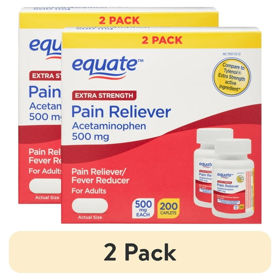 (2 pack) Equate Extra Strength Pain Reliever Acetaminophen Caplets, 500mg, Pain Reliever/Fever Reducer, 200 Count (2x100 Count), Compare to Tylenol Extra Strength Active Ingredient