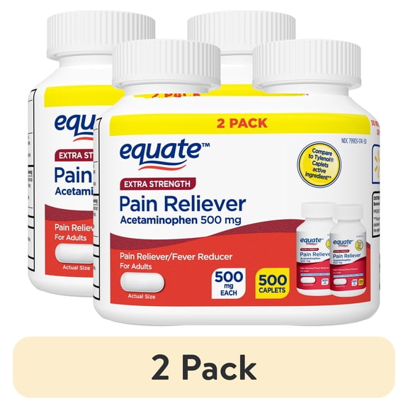 (2 pack) Equate Extra Strength Acetaminophen Pain Reliver Caplets, 500 mg, 250 Count, 2 Pack