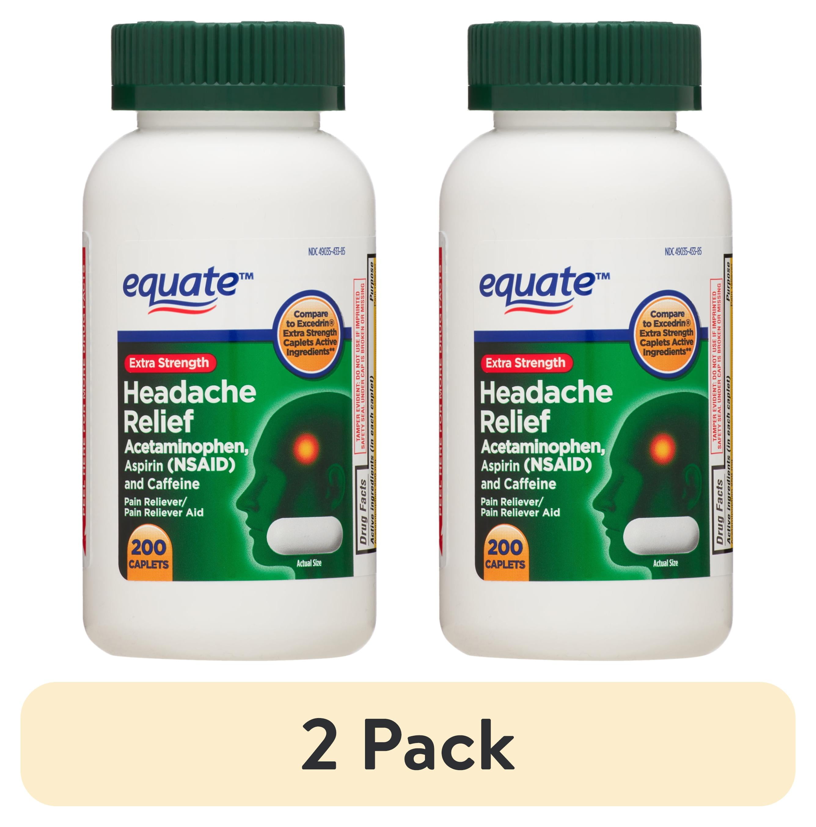 (2 pack) Equate Extra Strength Headache Relief Acetaminophen, Aspirin, Caffeine Caplets, 200 Count