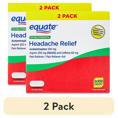 (2 pack) Equate Pain Headache Relief Caplet for Body Aches & Pains Set with 250mg, 100 Count, Twin Pack 200 Count