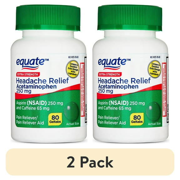 (2 pack) Equate Extra Strength Headache Relief Acetaminophen, Aspirin, and Caffeine Geltabs, 80 Count, Compare to Excedrin Extra Strength Active Ingredients