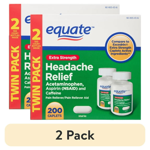 (2 pack) Equate Extra Strength Headache Relief Pain Reliever Caplets, 250 mg, 2 Pack, 100 Count