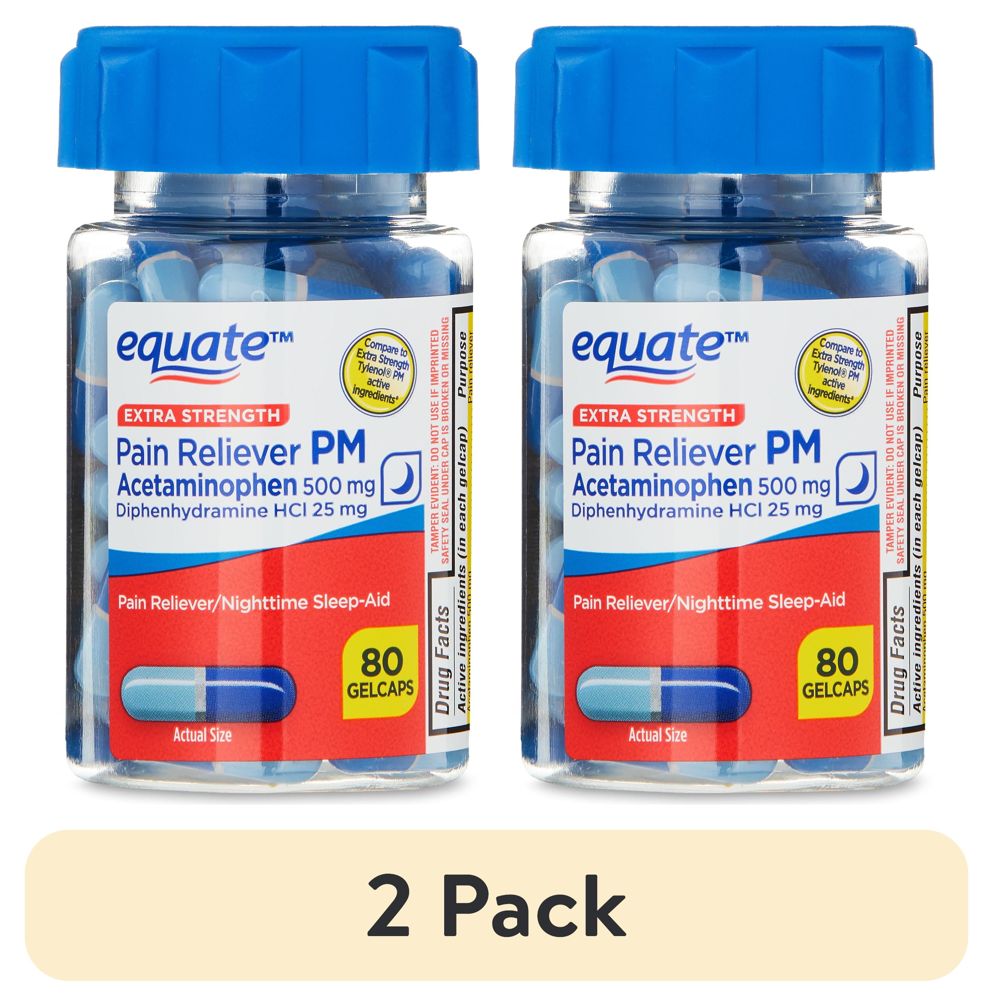 (2 pack) Equate Extra Strength Pain Reliever PM Caplets, Acetaminophen 500 mg, Diphenhydramine HCL 25 mg, 80 Count