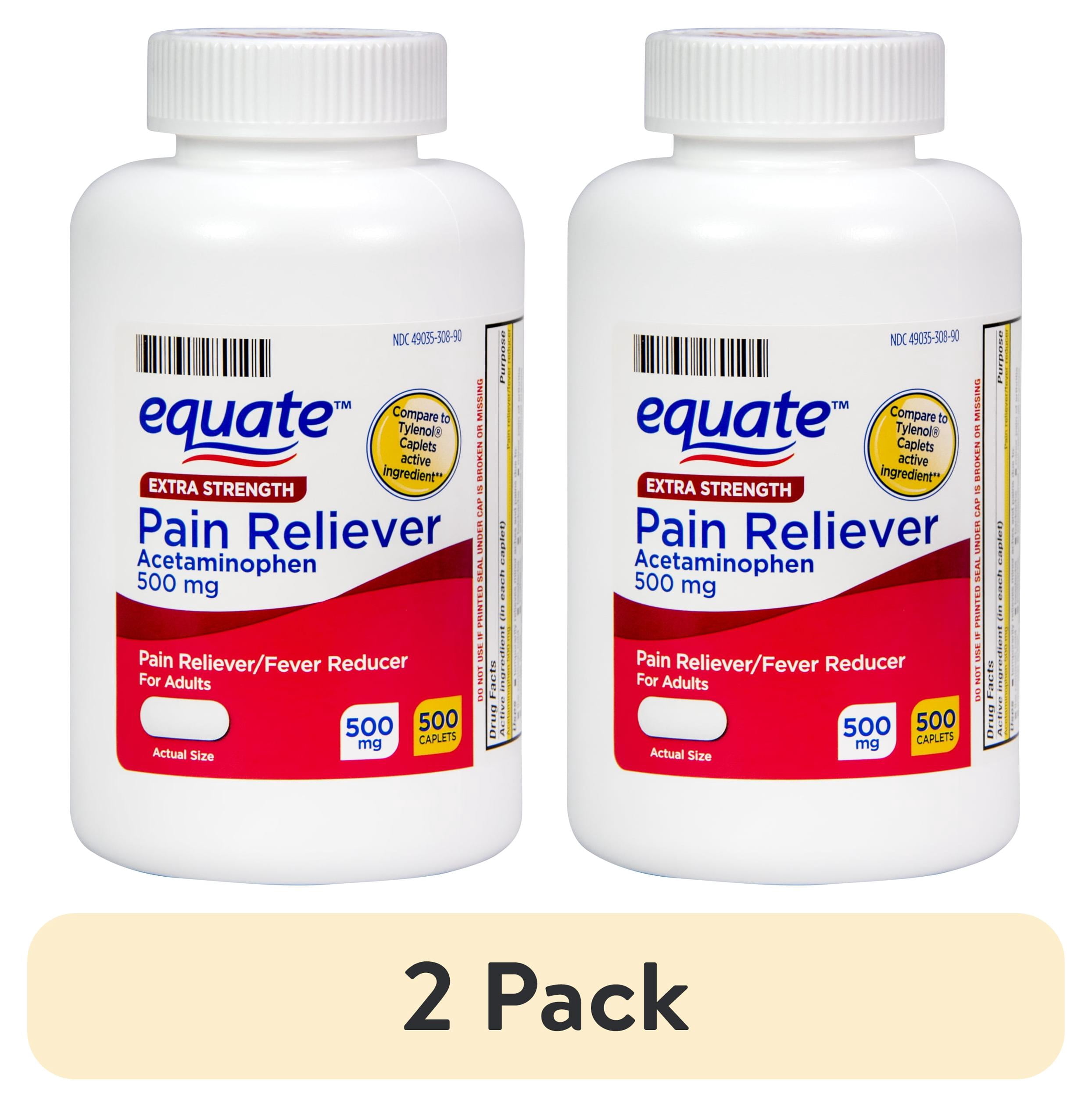(2 pack) Equate Extra Strength Pain Reliever Acetaminophen Caplets, 500 mg, Pain Reliever/Fever Reducer, 500 Count, Compare to Tylenol® Extra Strength Active Ingredient