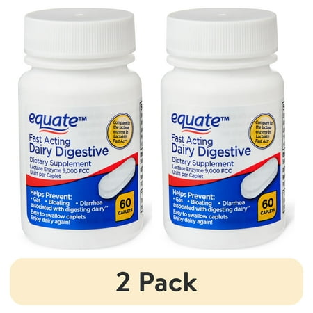 (2 pack) Equate Fast Acting Dairy Digestive Supplements - 60 Caplets for Diarrhea, Gas & Bloating Relief