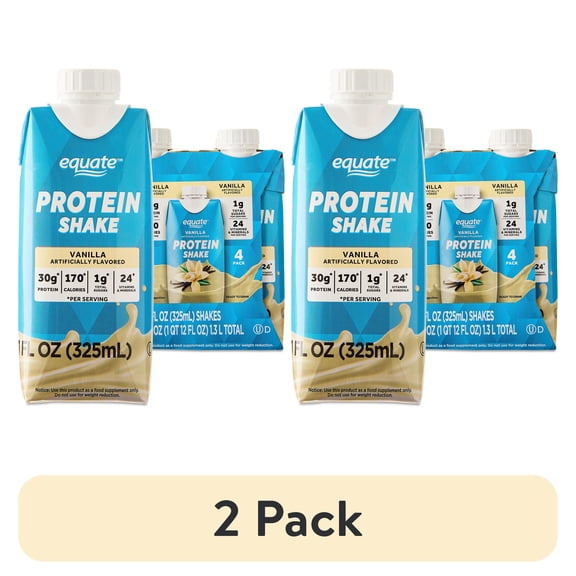 (2 pack) Equate High Performance Protein Shake, Vanilla, 30g Protein, 11 fl oz, 4 Count