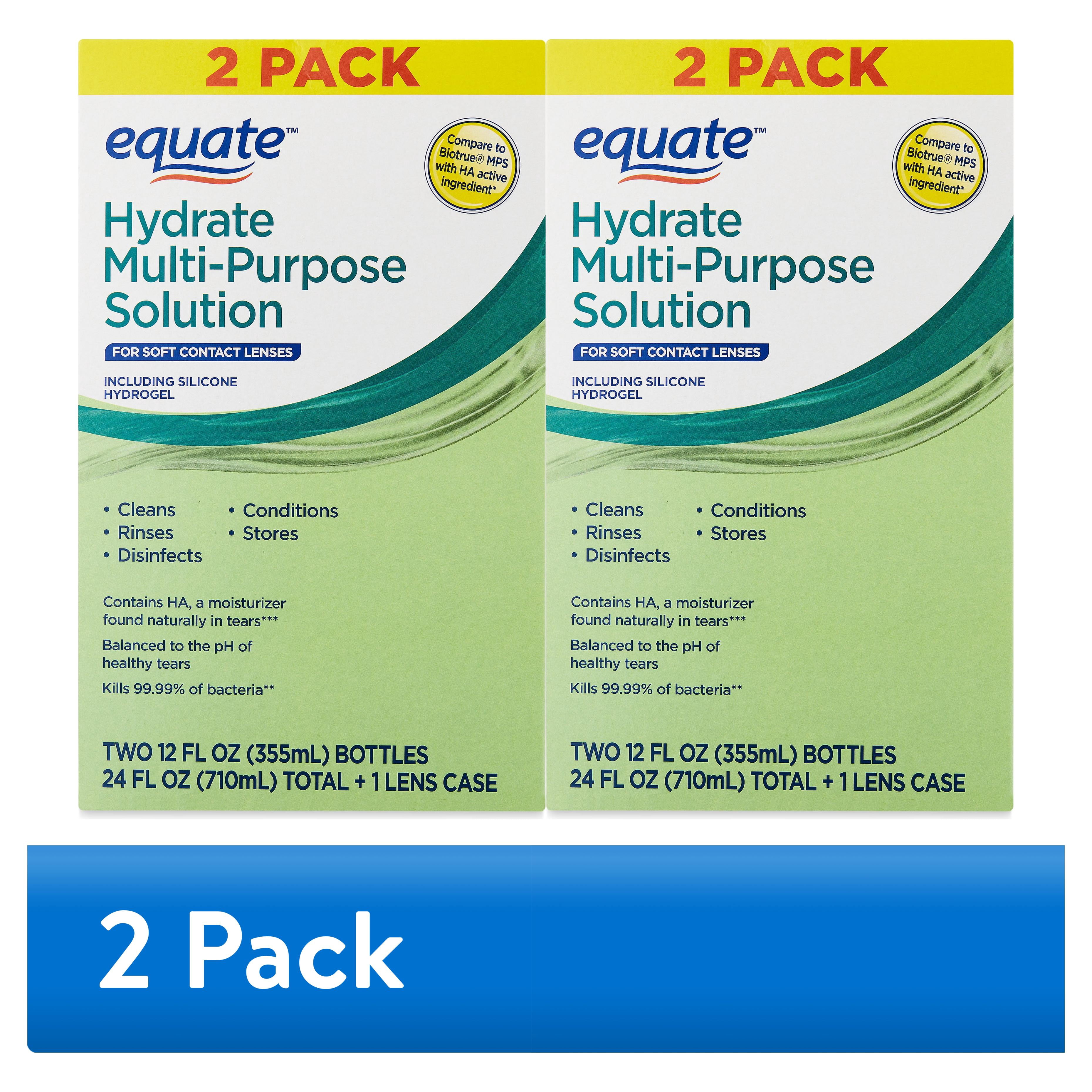 (2 pack) Equate Hydrate Multi-Purpose Solution Liquid for Soft Contact Lenses, 242 fl oz (2x12 fl oz) + 1 Lens Case, Compare to Biotrue® MPS with HA Active Ingredient