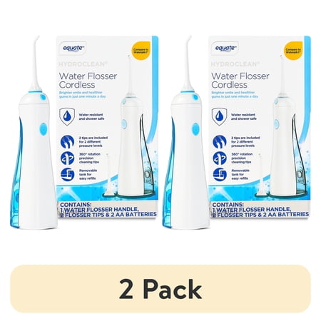(2 pack) Equate HydroClean Cordless Water Flosser with Removable Tank and 2 Pressure Cleaning Tips, White