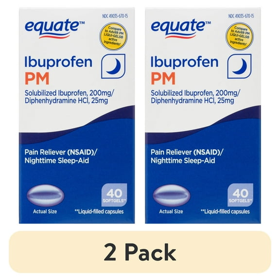 (2 pack) Equate Ibuprofen PM Softgels, Solubilized Ibuprofen 200mg, Diphenhydramine HCI 25 mg, 40 Count