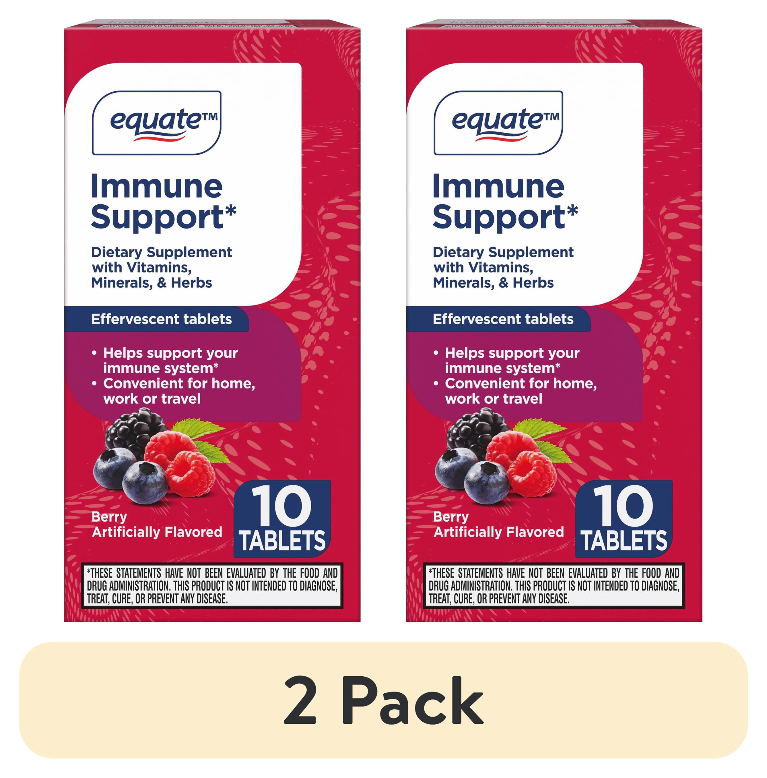 (2 pack) Equate Immune Support Dietary Supplement Effervescent Tablets, Berry Flavor, 10 Count, Compare to Airborne® Immunity Support Dietary Ingredients