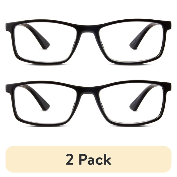 (2 pack) Equate Jackson Men's Rectangular Reading Glasses with Case, Matte Black, 1.75