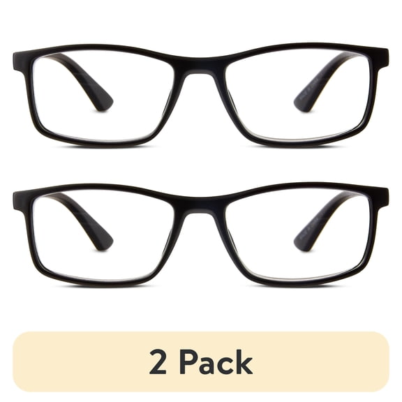 (2 pack) Equate Men's Jackson Rectangular Reading Glasses with Case, Matte Black, 2.00